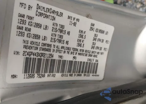 2003 Chrysler Town & Country Lx z USA, uszkodzony, nr VIN 2C4GP443X3R211254